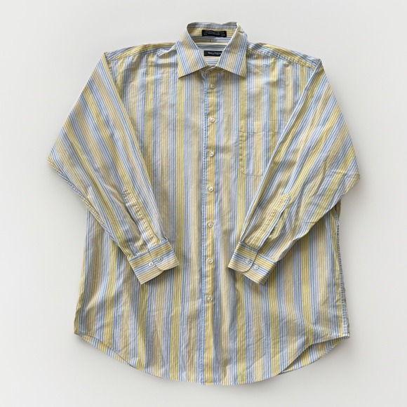 Vintage Nautica Button Down Shirt Blue Yellow Striped Oversized Preppy Cotton L - Picture 2 of 16